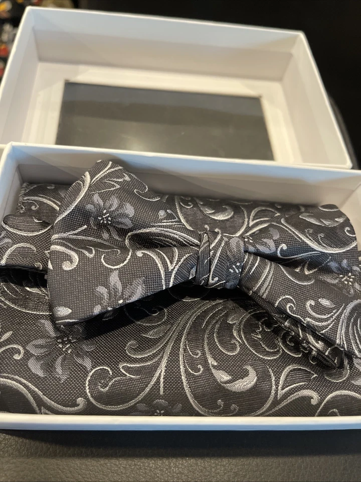 Nueva pajarita formal de microfibra preatada para hombre y pañuelo negro gris paisley fiesta Foto 3 de 3