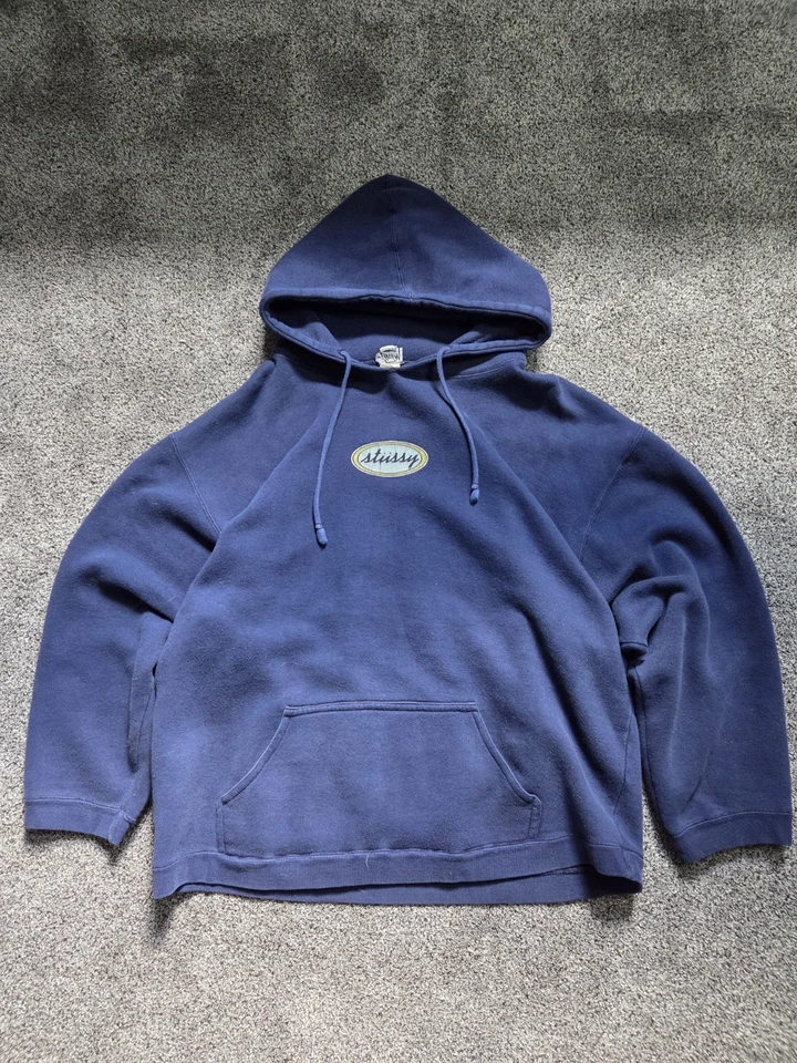 Sudadera con Capucha Stussy De Colección Para Hombre Grande Azul Marino Años 80 Logo Cursivo Doble Cara Raro Grial Foto 2 de 4