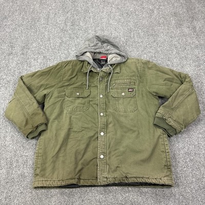 Dickies Jacket Mens XL Green Canvas Hooded Lined Snap Front