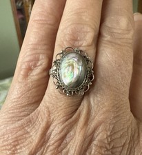 Sterling Silver   Abalone Inlay Statement Ring. Size 7.5 Signed Ornate