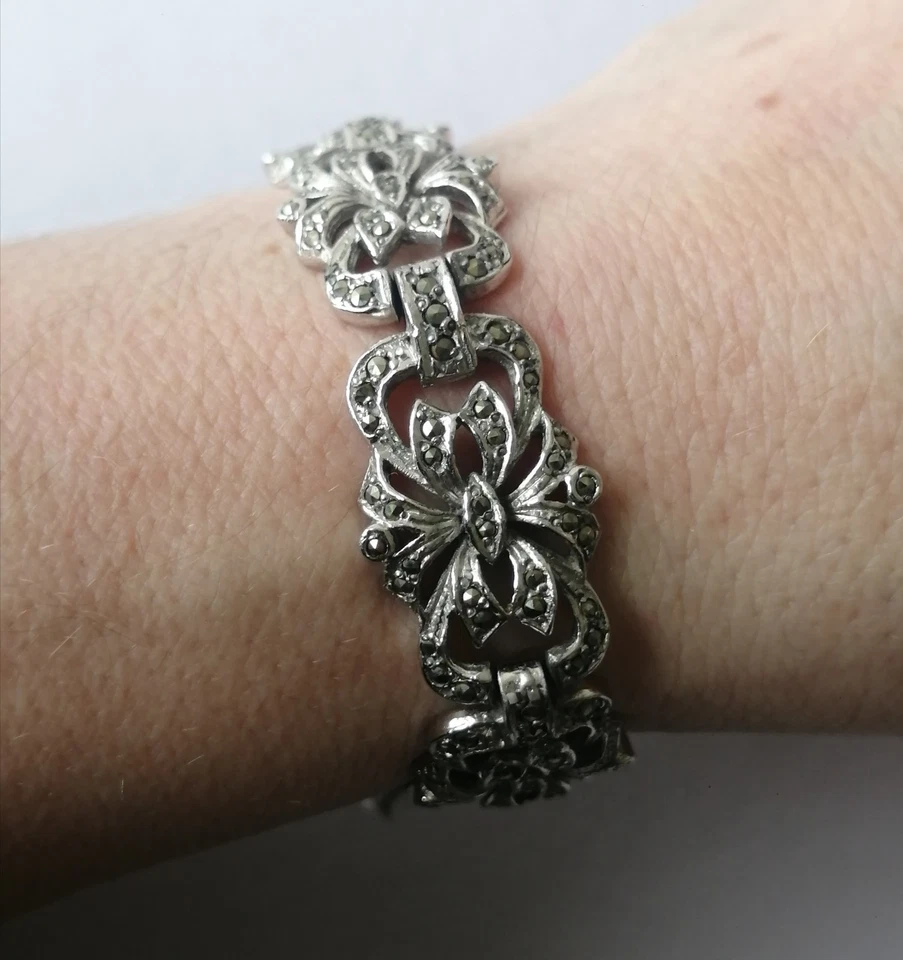 Art Deco MARCASITE Bracelet Vintage 30s 40s Panel Cocktail Silver Tone Retro - Image 3 of 4