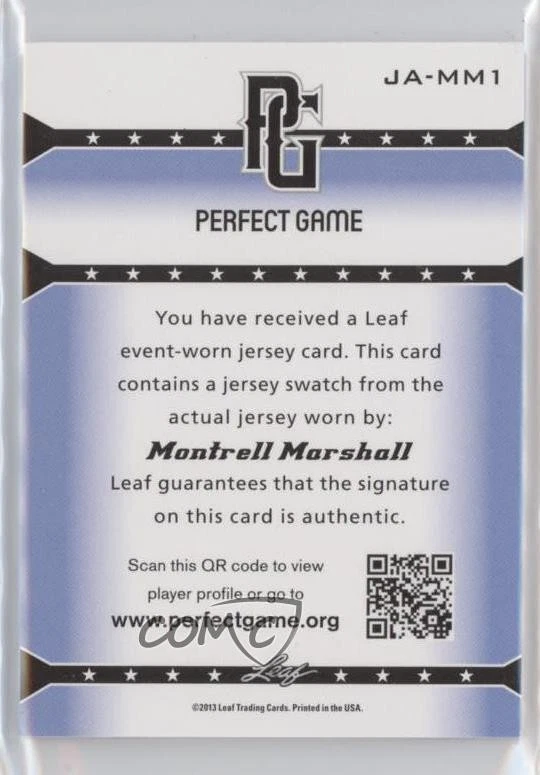 2013 Leaf Perfect Game Showcase Jersey Red /5 Montrell Marshall #JA-MM1 Auto - Image 2 of 2