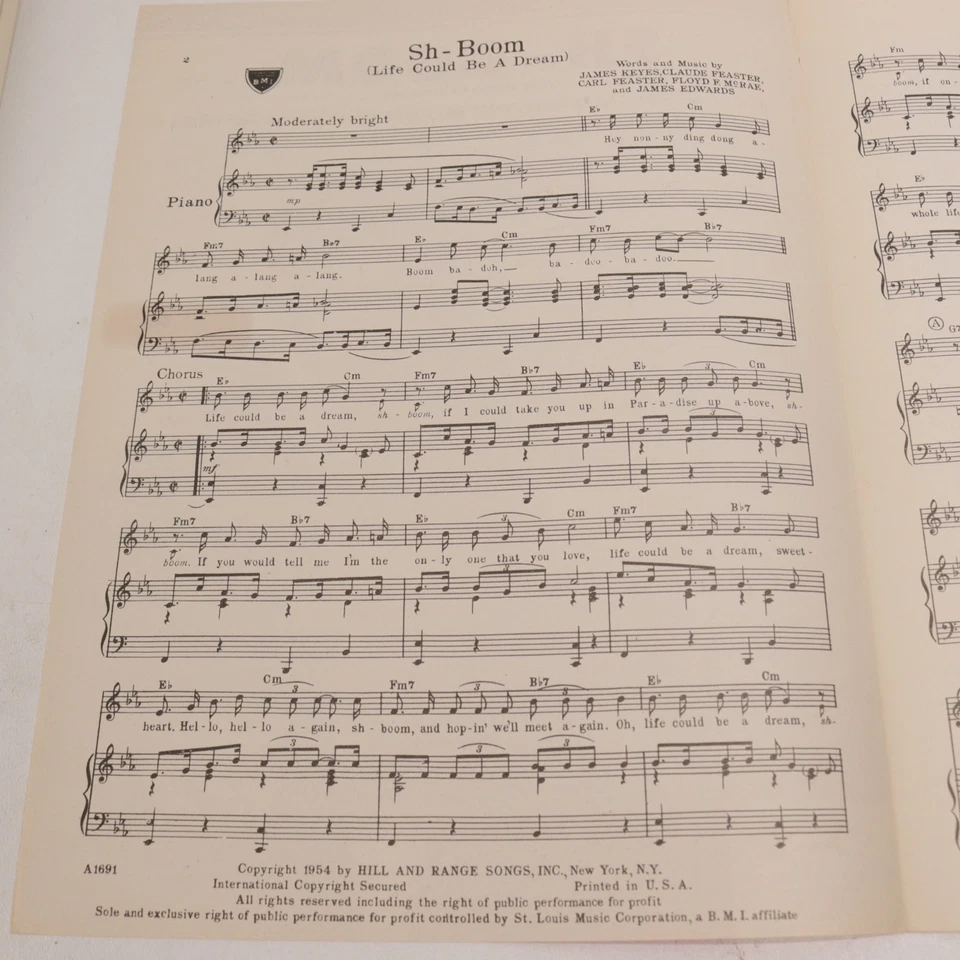 Partituras de voz de piano pop Sh-Boom Life Could Be a Dream 1954 Hill and Range Foto 3 de 4