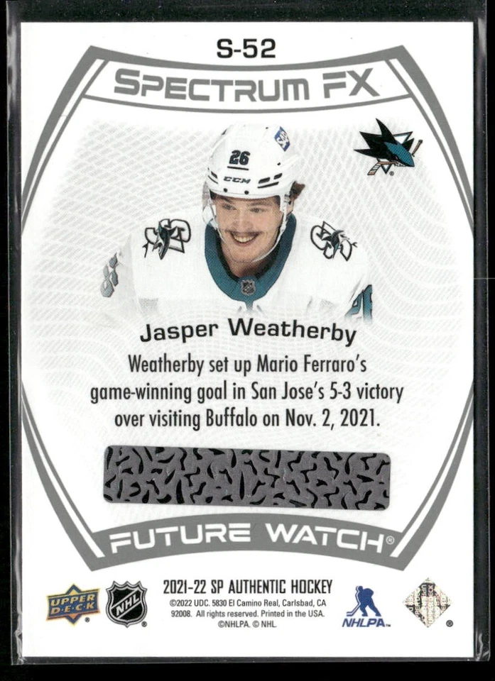 2021-22 SP Authentic - Spectrum FX Future Watch Jasper Weatherby #S-52 (RC) - Image 2 of 2