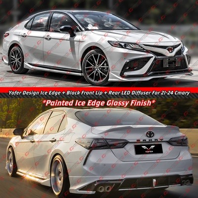 For 21-24 Toyota Camry Yofer Ice Edge Front Bumper Lip + Rear Diffuser White LED