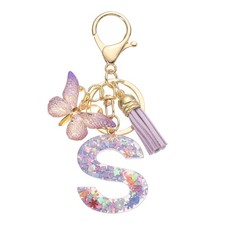 Alphabet Initial Letter S Keychain Cute Tassel Butterfly Key Chain Purple