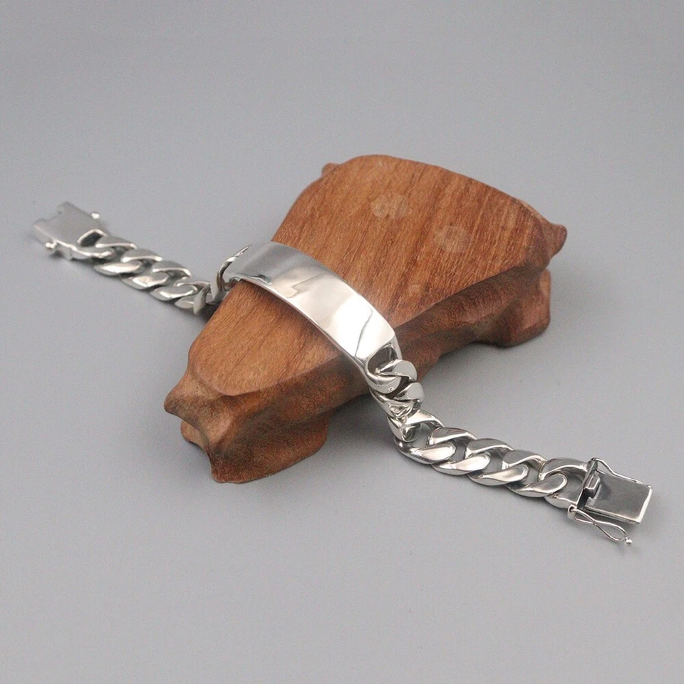 Brazalete de eslabones de identificación de bordillo cubano de 12 mm cadena de plata de ley 925 para hombre 61-62 g 7,9 pulgadas Foto 3 de 4