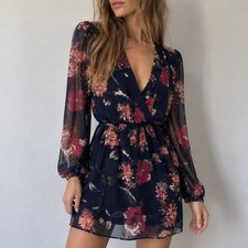 Lulus Navy Floral Pretty Pretender Wrap Dress XS Boho Fairy Romantic Whimsigoth