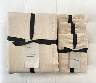 West Elm SIGNATURE TENCEL LINEN King Duvet & 3 Euro Shams Sand NWT