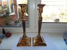 PAIR of ANTIQUE GEORGIAN BRASS SEAMED TAPERED COLUMN CANDLESTICKS 27 cm high
