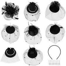 Geyoga 8 Pcs Fascinators Funeral Hats Pillbox Hat with Veil Feather Black Novel