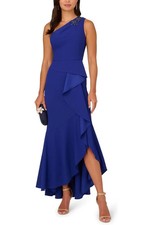 Papell Midnight Royal Sapphire Blue Beaded One-Shoulder Crepe Gown Size 8 $169