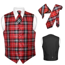 Men's Plaid Design Dress Vest NeckTie Black RED White Neck Tie Hankie Suit Tux