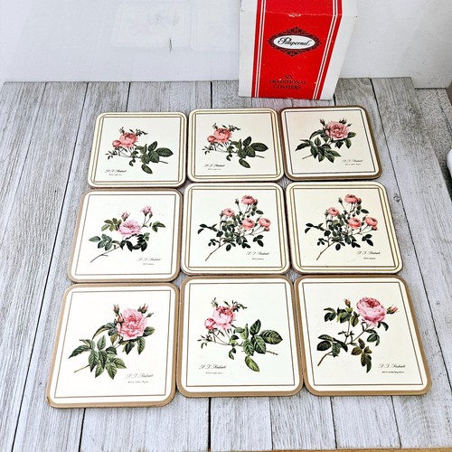 Vintage Set of 9 Pimpernel Redouté Rose Floral Corkboard Coasters with Various P
