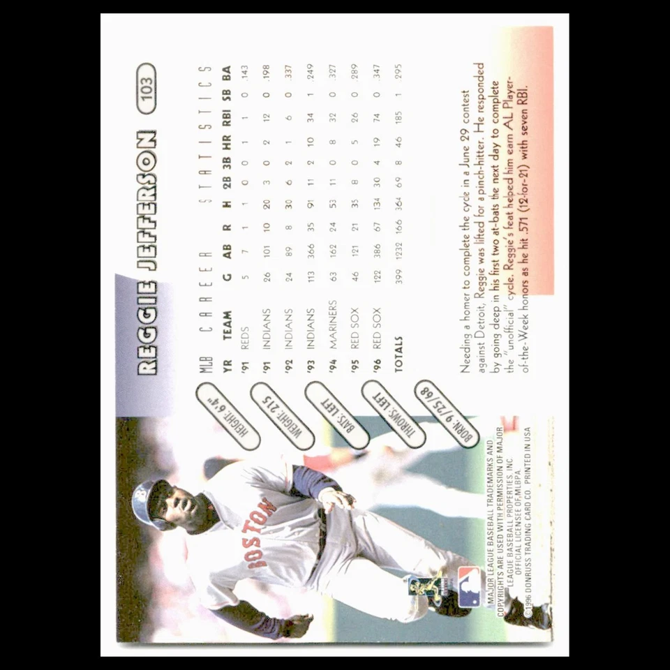 Reggie Jefferson #103 1997 Donruss Boston Red Sox Baseball Card MLB NM - Image 2 of 3