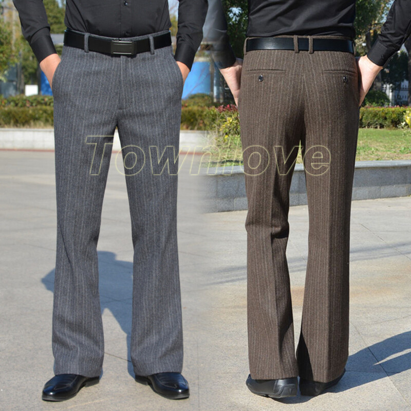 Men Wool Thicken Striped Flared Pant Vintage 60s 70s Bell Bottom