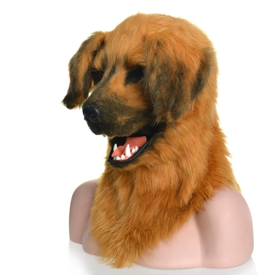 Fantasia de mascote de cabeça de cabelo longo de cachorro amarelo pode mover a boca terno roupa cosplay - Imagem 2 de 4