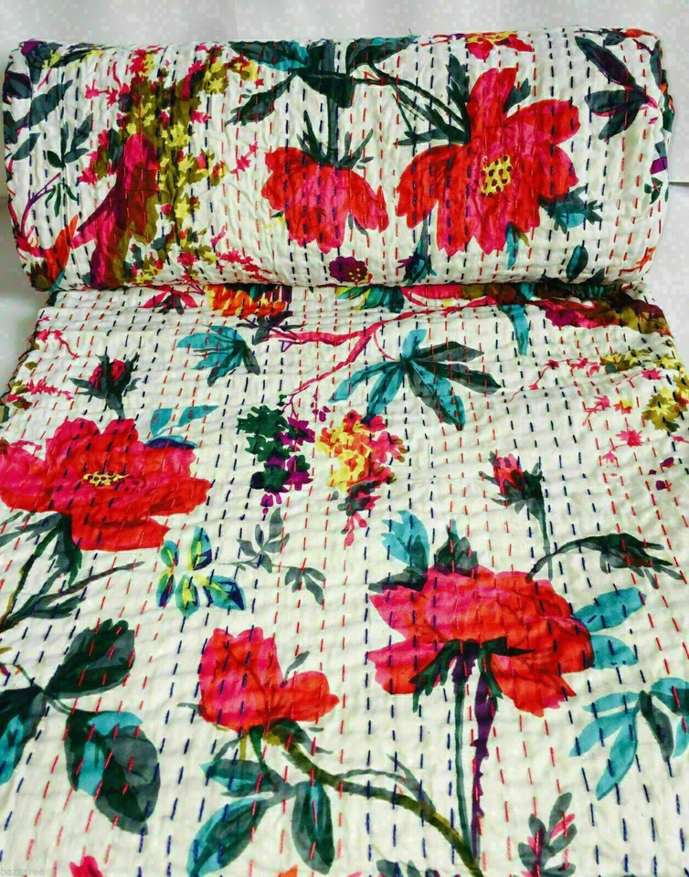 Colcha Kantha de algodón indio azul pájaros impresa ropa de cama manta blanca Foto 2 de 4