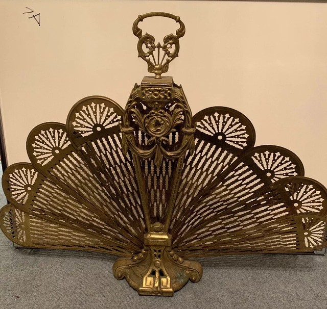 Rare Antique Ornate Brass Peacock Fireplace Fan Folding Screen Art
