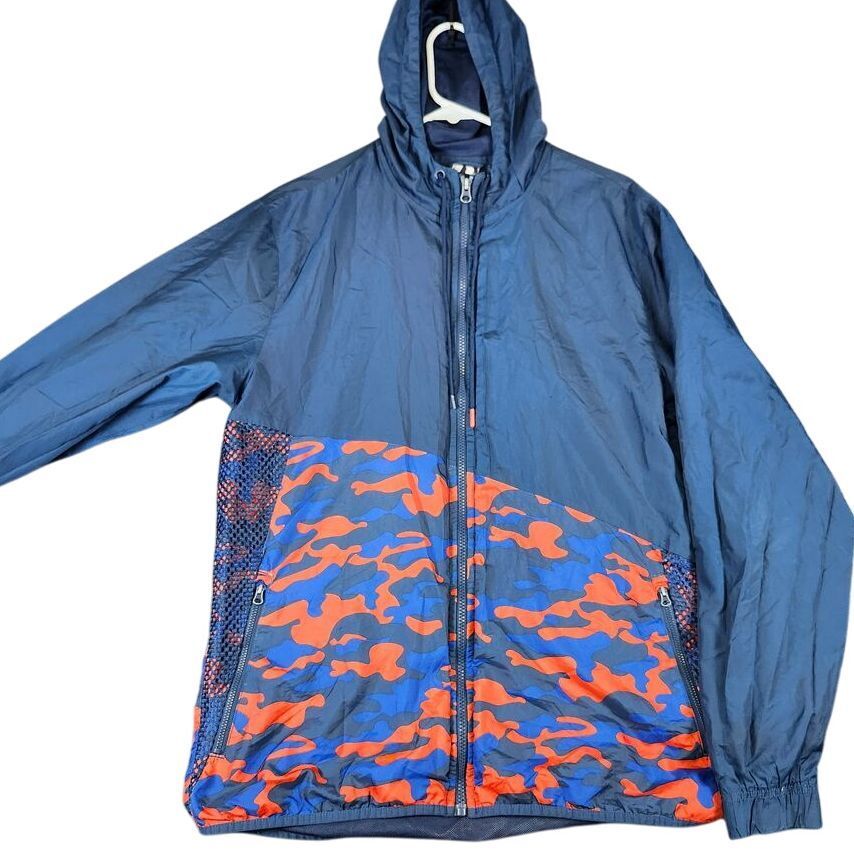Russell Athletic Camo Windbreaker Jacket Mesh Side Zip Up Hooded Blue Orange M