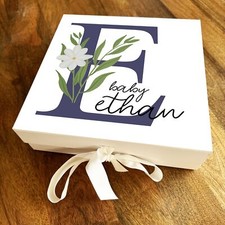Square White Floral & Navy Initial E New Baby Personalised Keepsake Gift Box