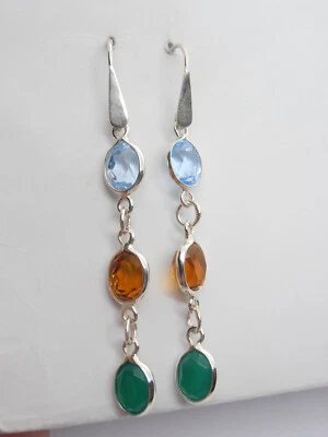 Boucles D'Oreilles en Argent 925 Et Pierres Strass - Imitation Topaze Émeraud - Photo 1/4