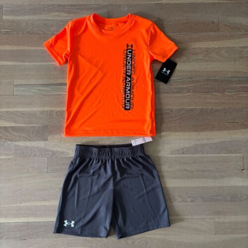 Boys orange under armour logo tshirt shorts set size 5 nwt