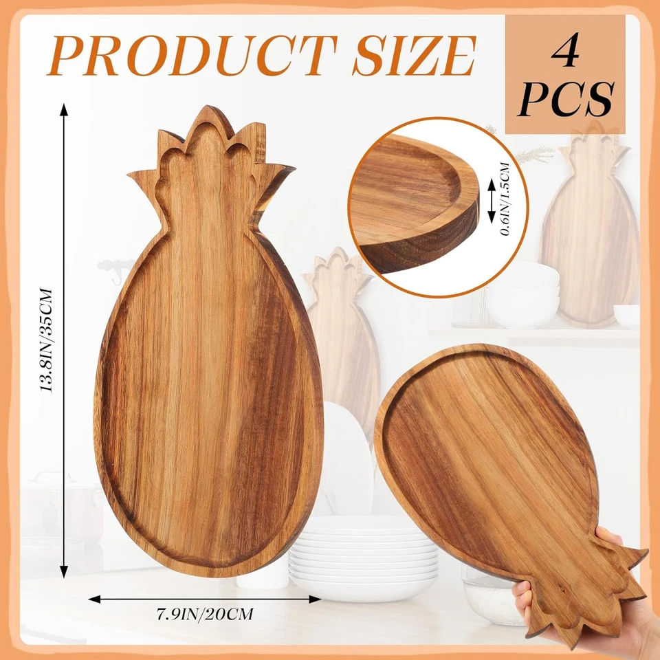 Pacote com 4 bandejas de servir em forma de abacaxi placas de charcutaria de madeira prato corte divertido - Imagem 2 de 4