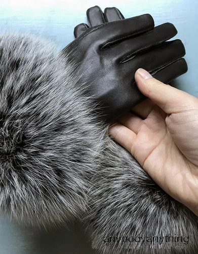 Women Genuine Lambskin Leather Gloves With Real Fox Fur Trim Cuff Winter Warm - Picture 14 of 24