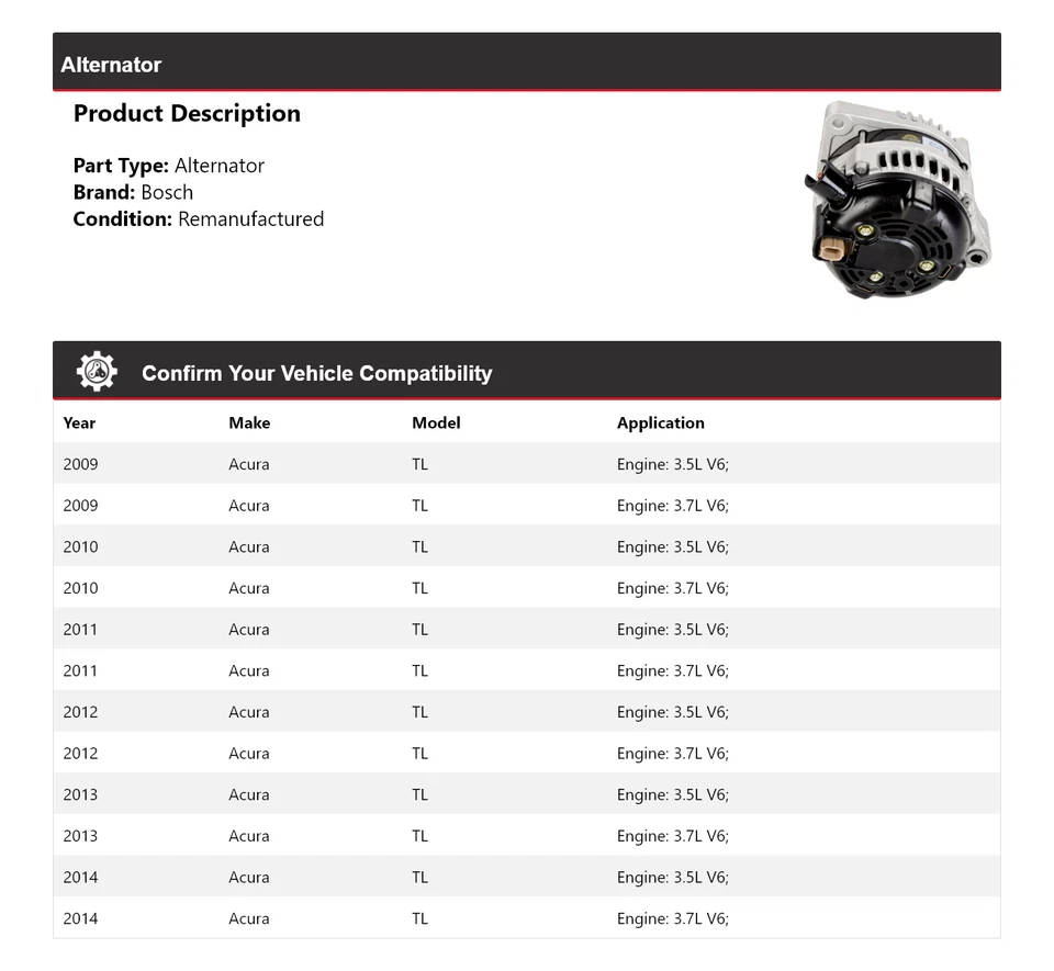Alternador Bosch Acura TL 2009-2014 (Remanufacturado) 2010 2011 2012 2013 Foto 2 de 4