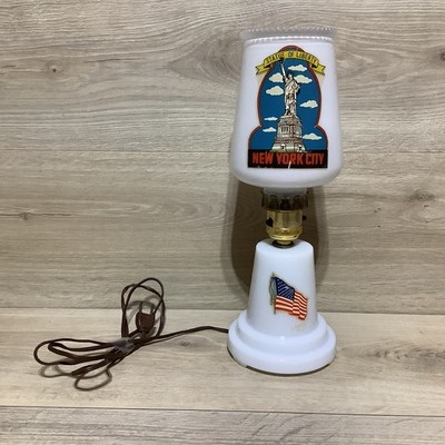 Vintage Milk Glass Lamp New York City Statue Of Liberty Hurricane souvenir
