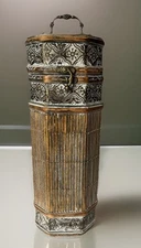 Vintage Three Hands Corp. Bamboo/Wood/Metal Canister With Hinged Lid  14” X 5”