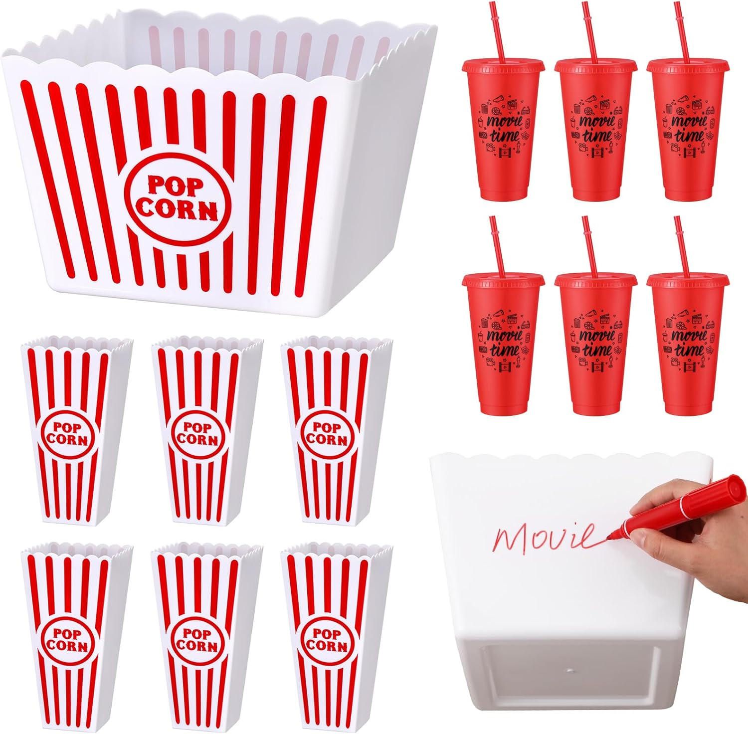 15 Pcs Movie Night Popcorn Organizer Set Family Red & White 
