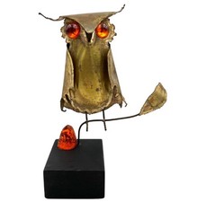 Owl Sculpture  Metal MCM Brutalist Lucite Eyes Vintage C. Jere Style