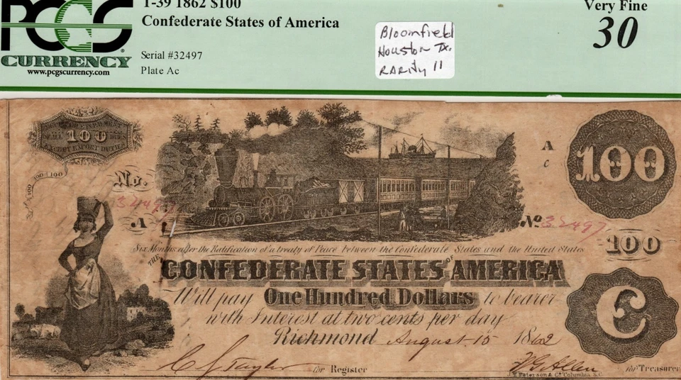 T-39 PF-13 1862 $100 Confederate Paper Money - PCGS-C VF 30 - Maj Bloomfield R11 - Image 2 of 3