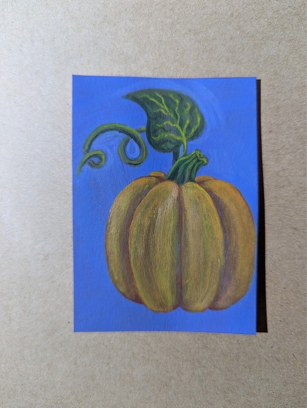 aceo atc (art trading card) original painting garden pumpkin with leaf 2.5"x3.5"