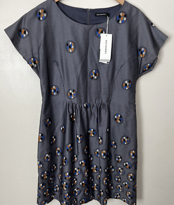 Marimekko Brushed Cotton Dress 40 M 10 12 Gray Blue Elegant Fit Flare Lined NWT