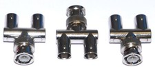 THREE 3 - 2 BNC FEMALE JACKS to 1 BNC MALE PLUG Y ADAPTERS SPLITTERS