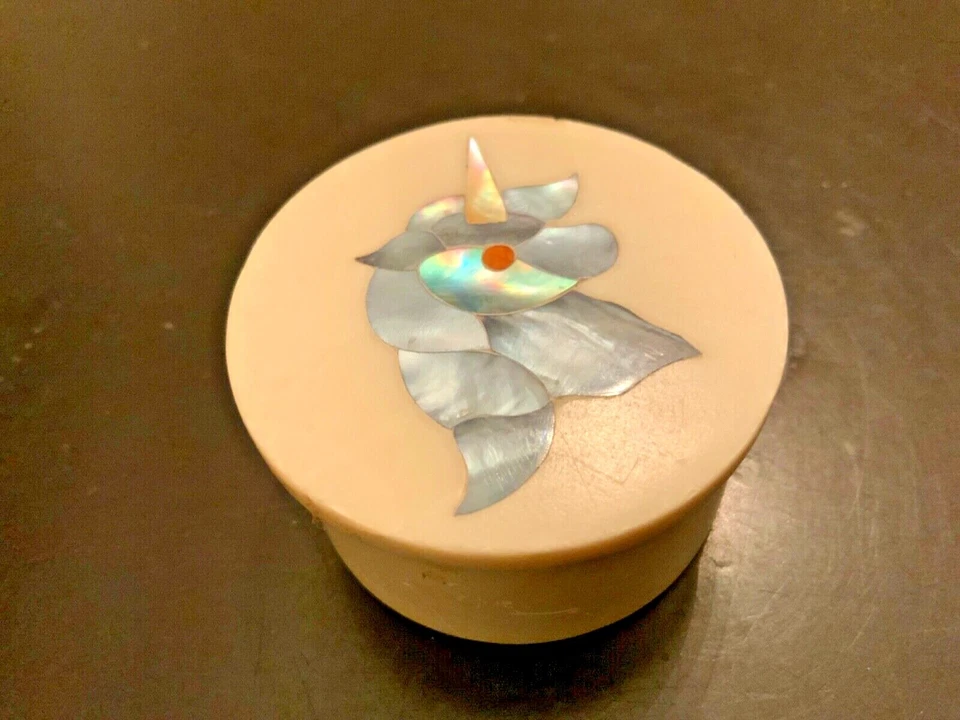 trinket box Pietra Dura inlaid gem mini vanity box Kubla crafts unicorn jewelry - Image 2 of 4