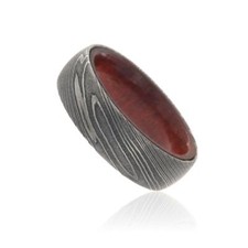 New 7mm Wide Damascus Steel Ring with a Bloodwood Sleeve