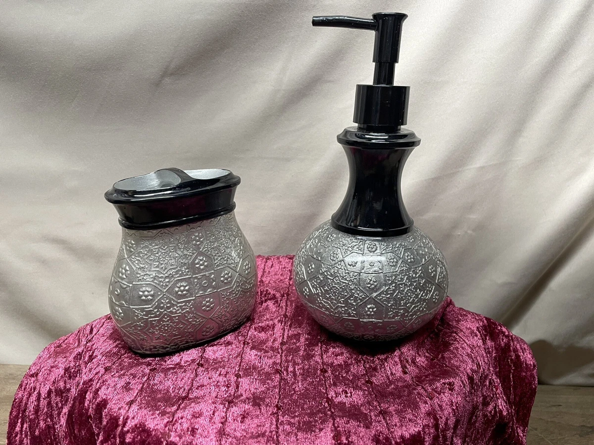 Black & Silver Hand Soap Dispenser & Toothbrush Holder Bathroom Set Vanity