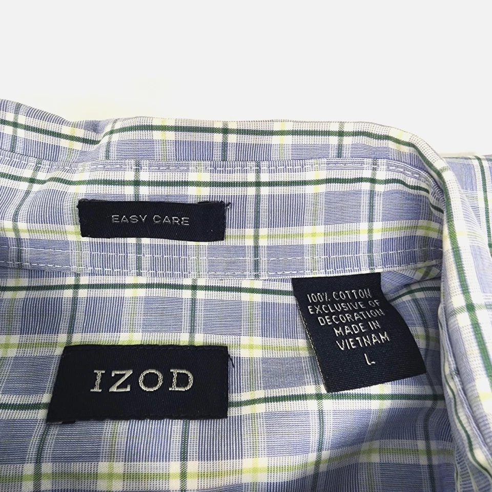 Camisa masculina Izod com botões grande – listra xadrez verde azul manga longa top - Imagem 4 de 4
