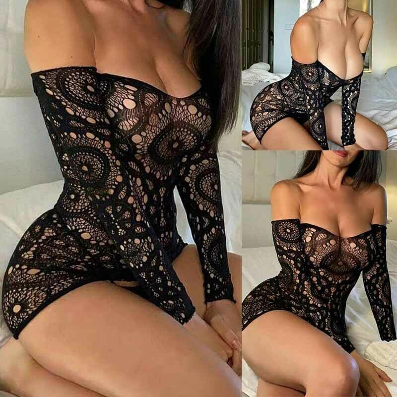 Women Mesh Mini Dress Net Off Shoulder Long Sleeve Hollow Out Sexy Bodycon  Black | eBay