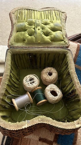 Antique Victorian Wicker Rattan Sewing Basket Green Satin Lining - Picture 20 of 20