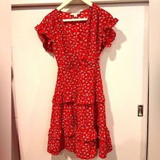 monteau red floral bud tired elastic waist dress size xs stretchy sundress