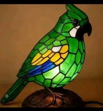 Stained Glass Bird Table Lamp Sculptural Night Light USB with Switch Green