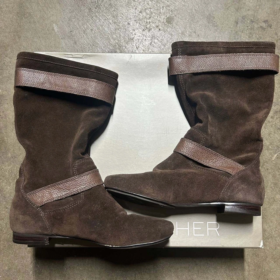 Marc Fisher Hopkins Botas Planas Marrón Gamuza Cuero Inclinadas Sobre el Tobillo Talla 8 M Foto 3 de 4