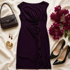 Ralph Lauren Plum Midi Dress Ruched Waist Sheath Elegant Cocktail Wedding Jewel
