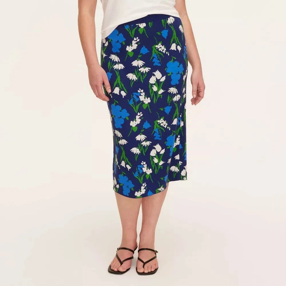 Size XL Kate Spade Target Mixed Floral Sweater Knit Midi Skirt Blue Green NWT