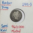 1915-S Barber Silver Dime Bold Date & Mint Mark Semi Key Date
